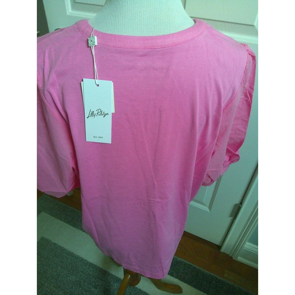 NWT Lilly Pulitzer Ronson Knit Top Confetti Pink  Split V Neck Gold Buttons XXL
